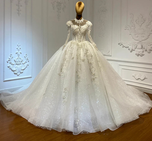 Luxury Crystal Beaded Shimmering Lace Embroidery Long Sleeve Royal Ball Gown Wedding Dress