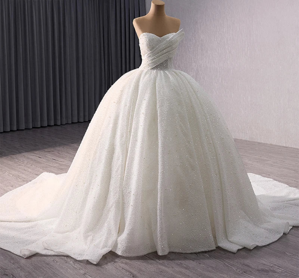Luxury crystal beaded folds sweetheart sparkling princess ball gown wedding dress