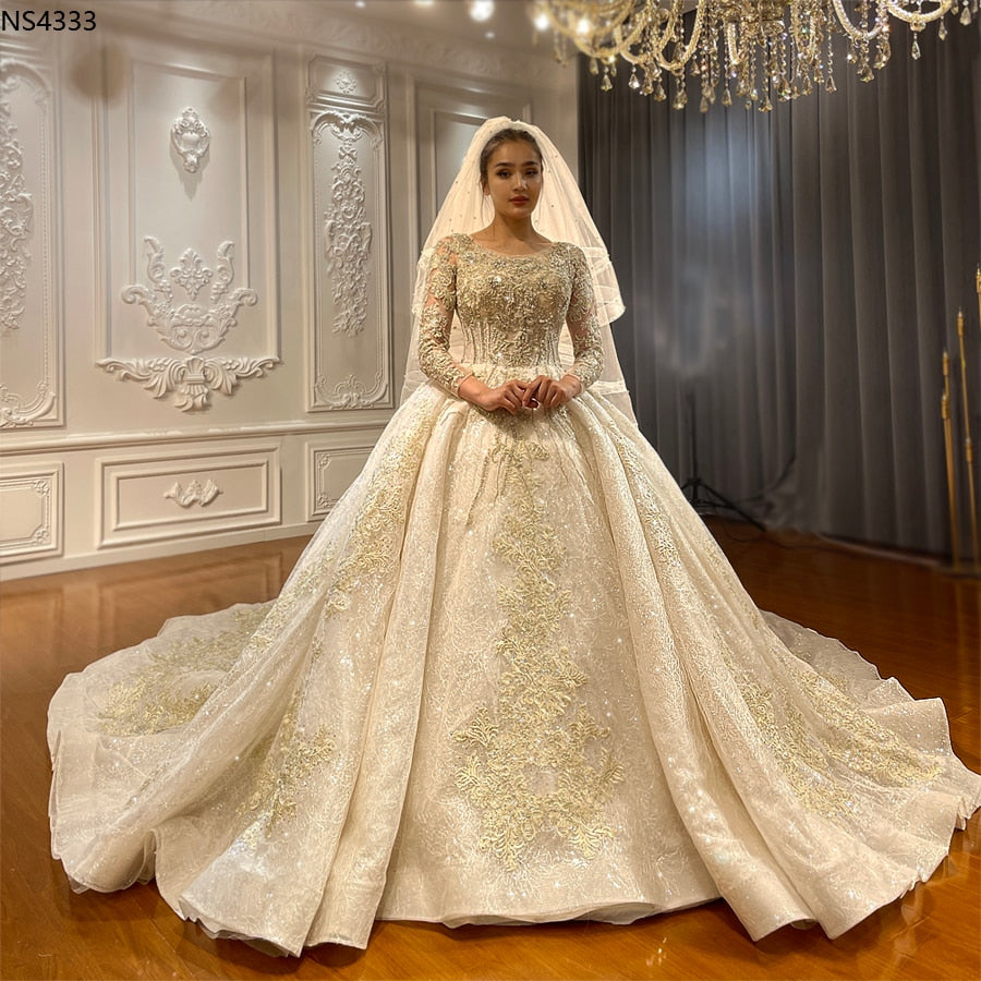 Luxury Prom Lace Crystal Beaded Applique Wedding Dress