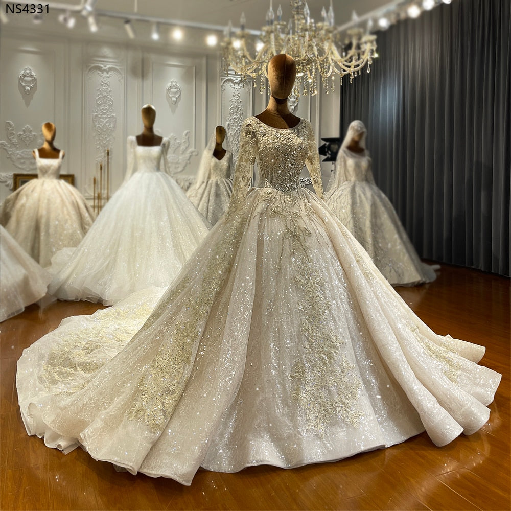 Luxury Prom Lace Crystal Beaded Applique Wedding Dress