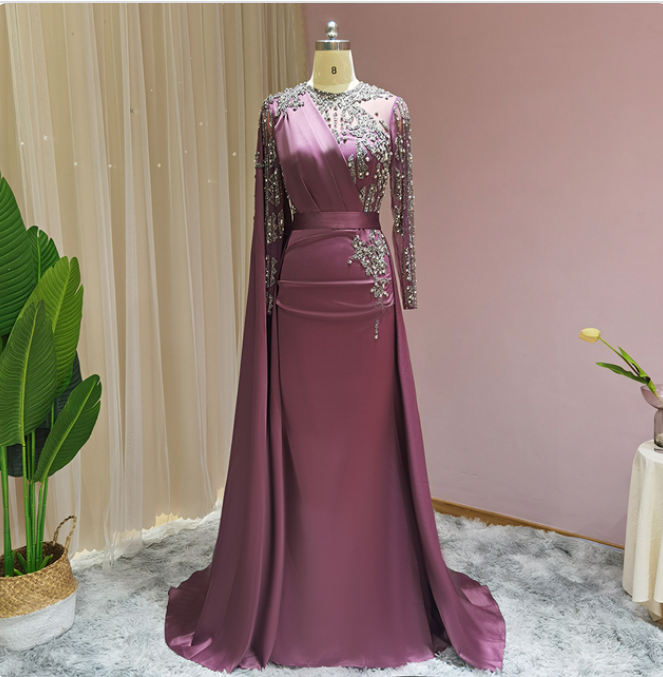 Burgundy Long Evening Dresses with Cape Sleeve Luxury Formal Dress for Women Wedding Party