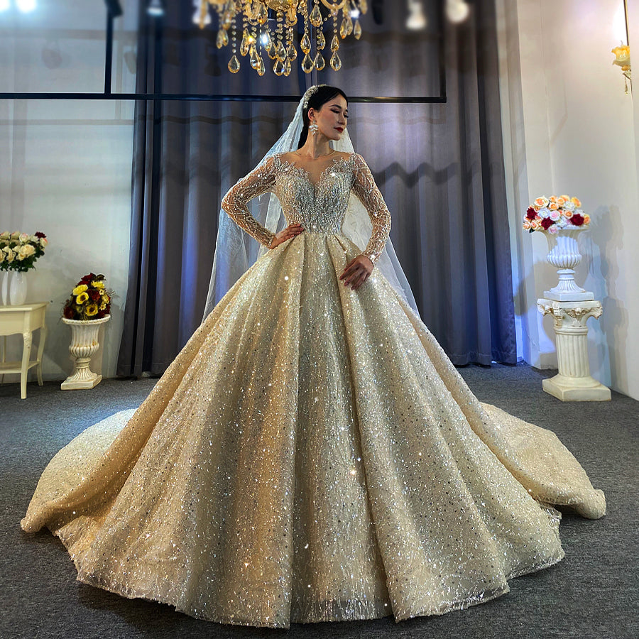 beaded luxury full of crystals Lace Bridal Long Sleeve Wedding Dress