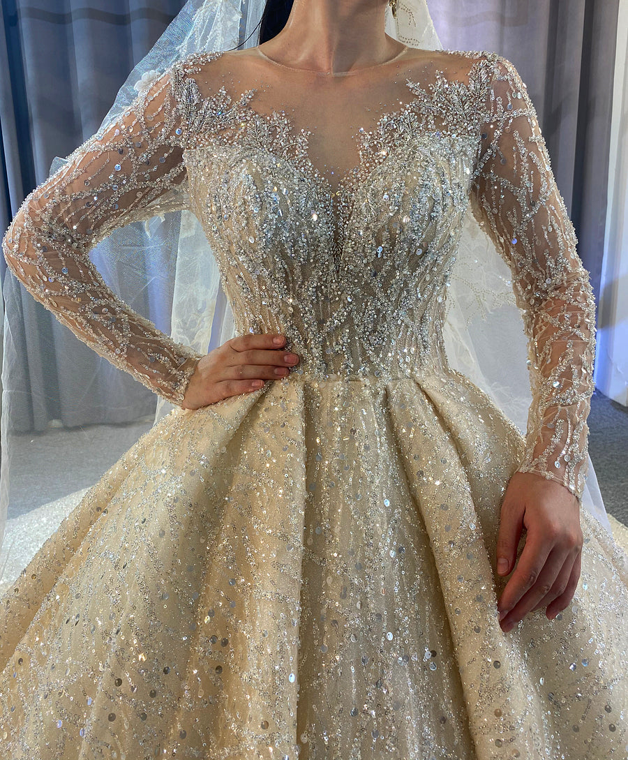 beaded luxury full of crystals Lace Bridal Long Sleeve Wedding Dress