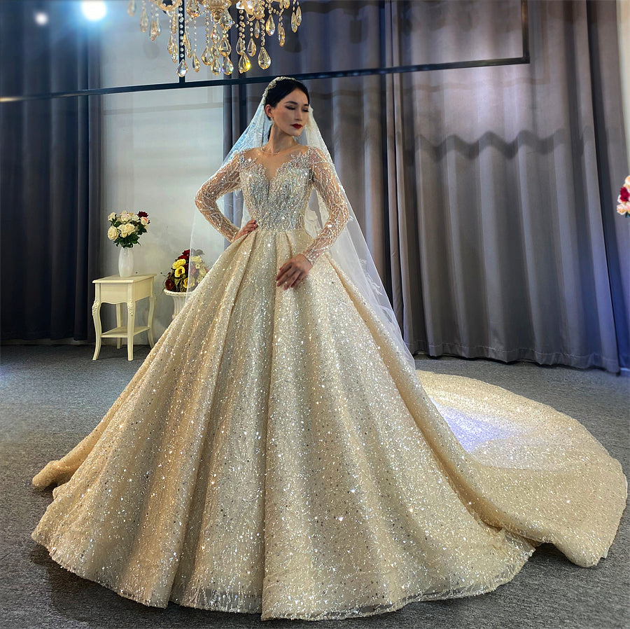 beaded luxury full of crystals Lace Bridal Long Sleeve Wedding Dress