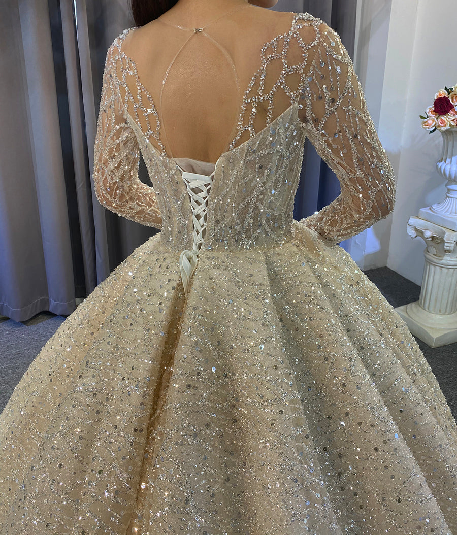 beaded luxury full of crystals Lace Bridal Long Sleeve Wedding Dress