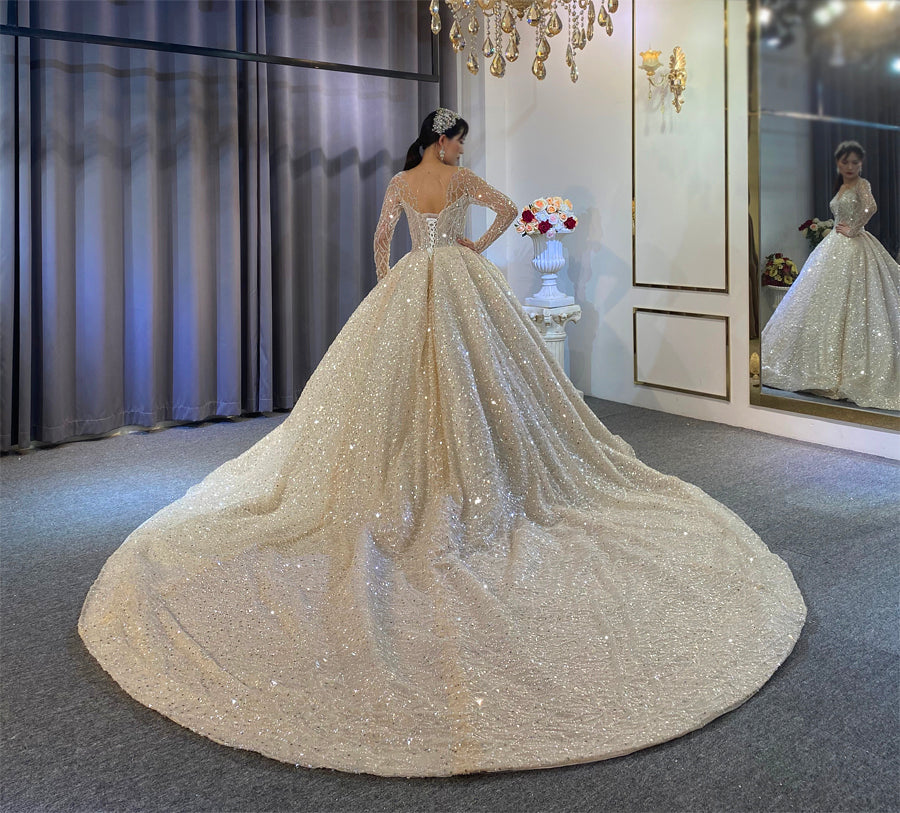 beaded luxury full of crystals Lace Bridal Long Sleeve Wedding Dress