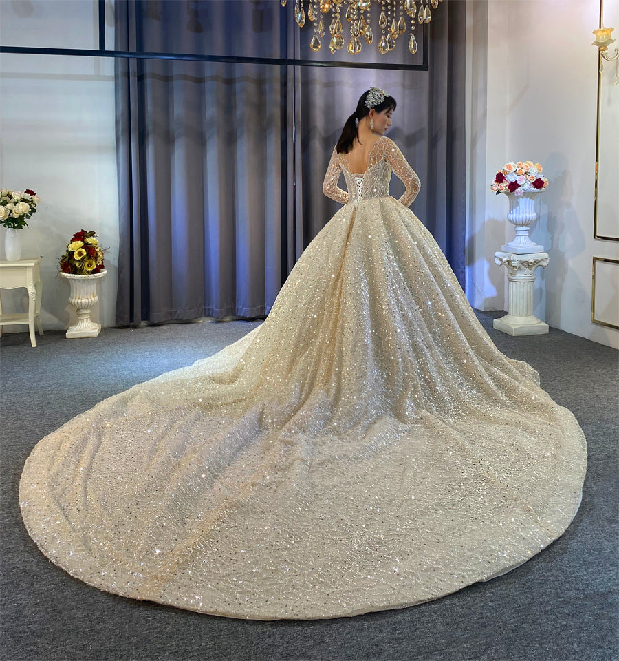 beaded luxury full of crystals Lace Bridal Long Sleeve Wedding Dress
