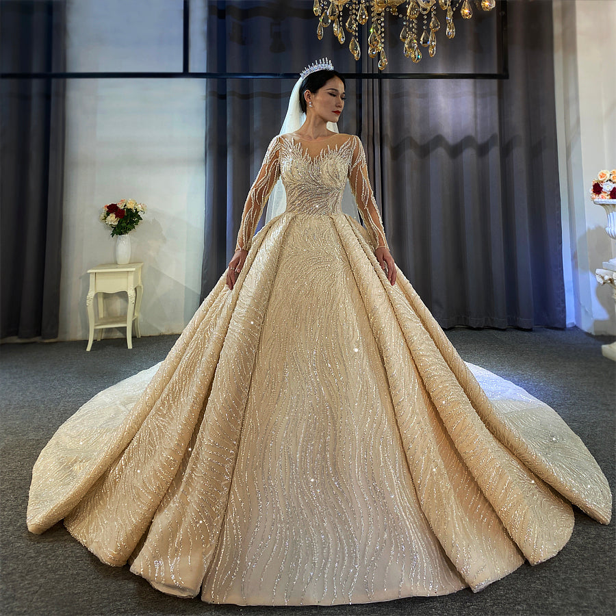 Luxury Lace beaded Bridal Long Sleeve Wedding Dress