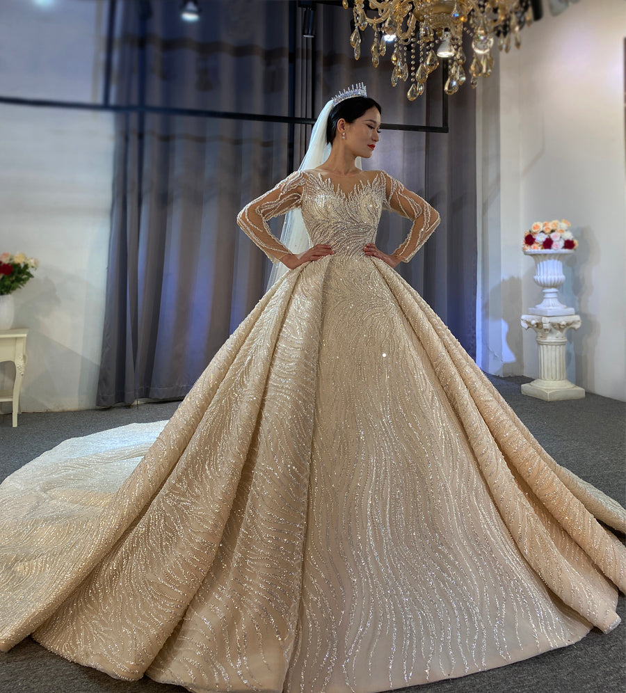 Luxury Lace beaded Bridal Long Sleeve Wedding Dress