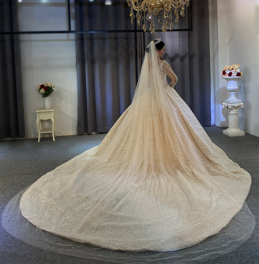 Luxury Lace beaded Bridal Long Sleeve Wedding Dress