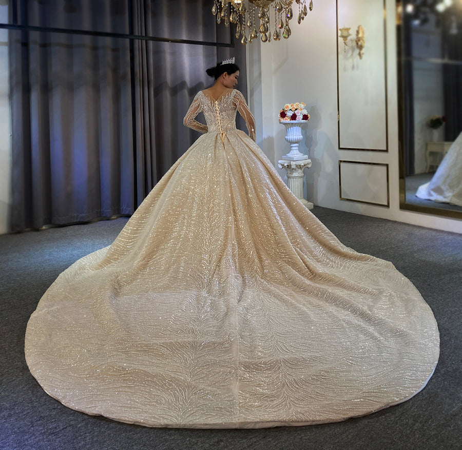 Luxury Lace beaded Bridal Long Sleeve Wedding Dress