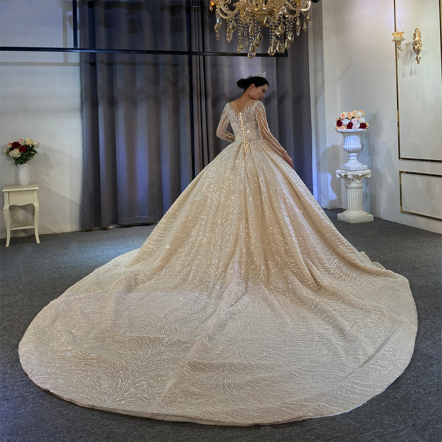Luxury Lace beaded Bridal Long Sleeve Wedding Dress