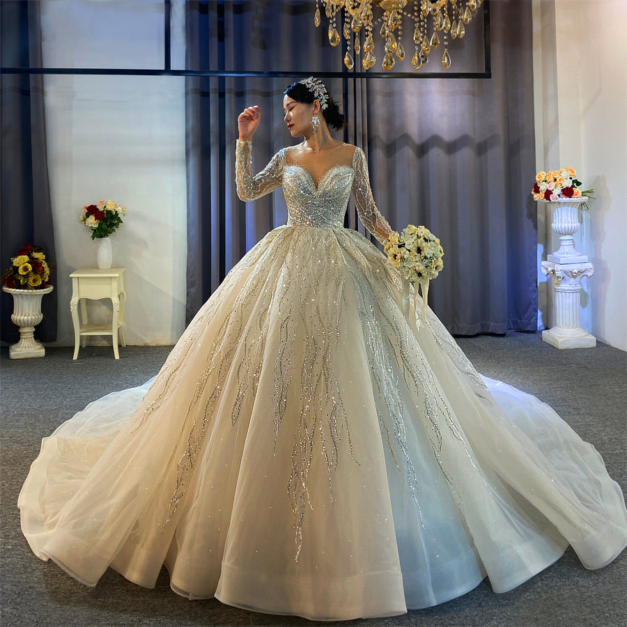 Luxury beaded full of crystals Lace Bridal Long Sleeve Wedding Dress
