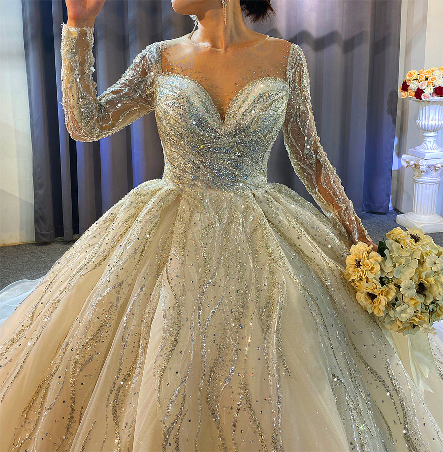 Luxury beaded full of crystals Lace Bridal Long Sleeve Wedding Dress