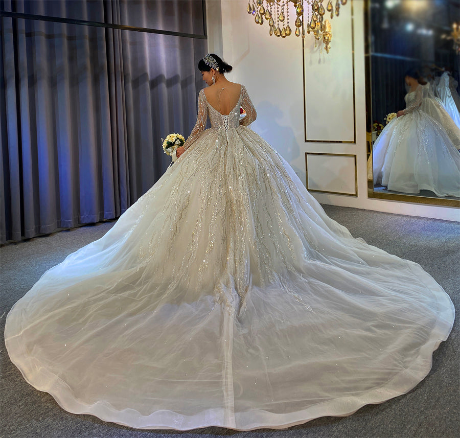 Luxury beaded full of crystals Lace Bridal Long Sleeve Wedding Dress