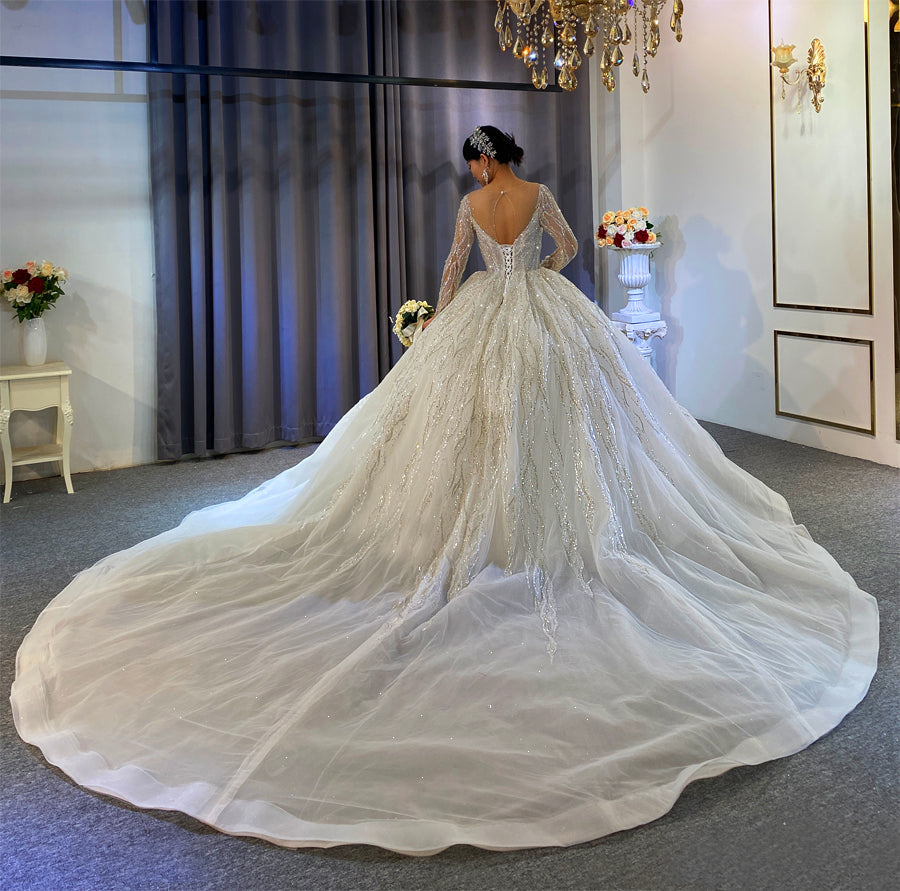 Luxury beaded full of crystals Lace Bridal Long Sleeve Wedding Dress