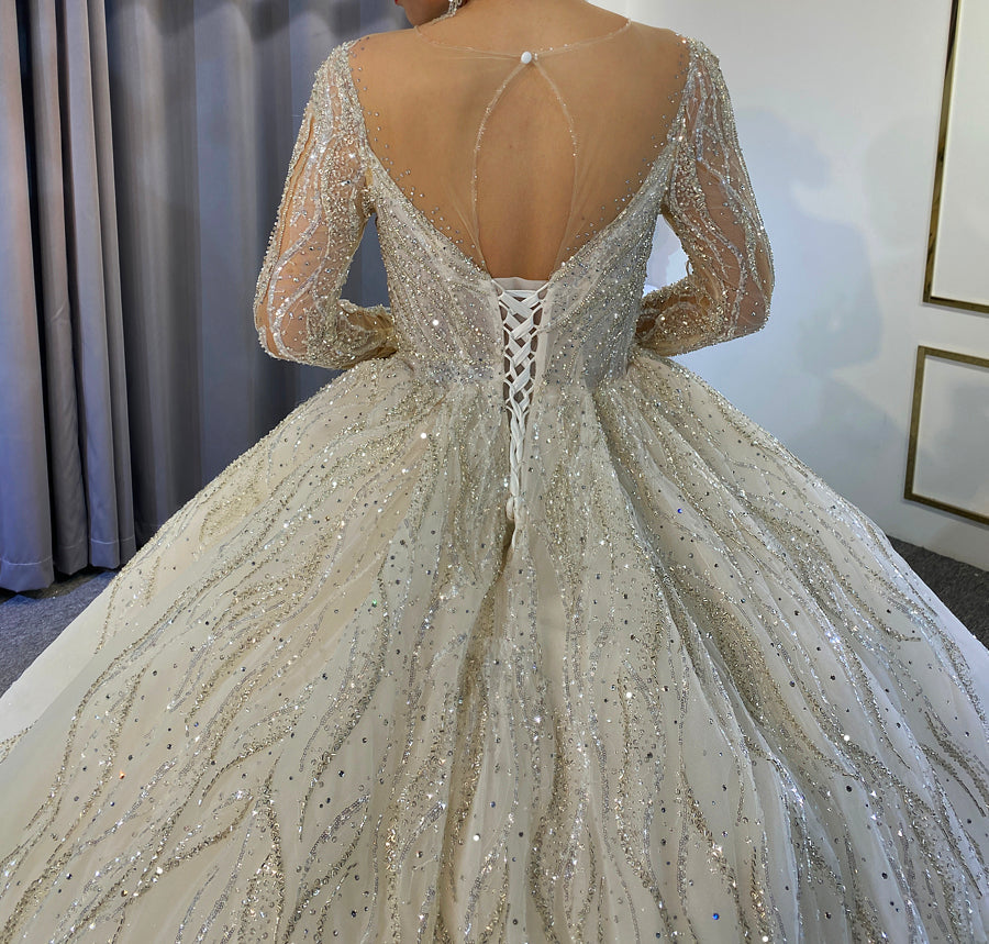 Luxury beaded full of crystals Lace Bridal Long Sleeve Wedding Dress