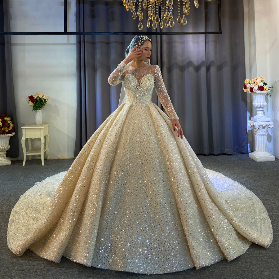 New Bridal Luxury Lace beaded Long Sleeve Wedding Dress