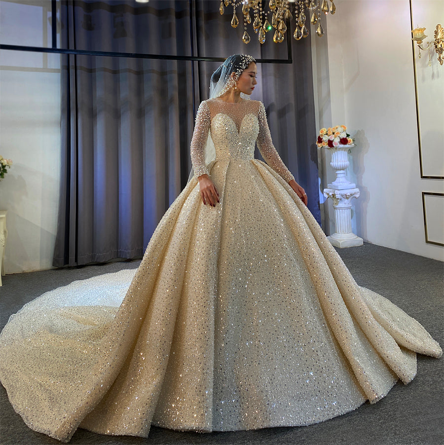 New Bridal Luxury Lace beaded Long Sleeve Wedding Dress