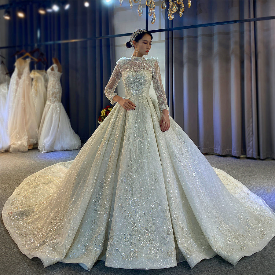 Bridal Luxury Shiny Lace beaded Long Sleeve Wedding Dress