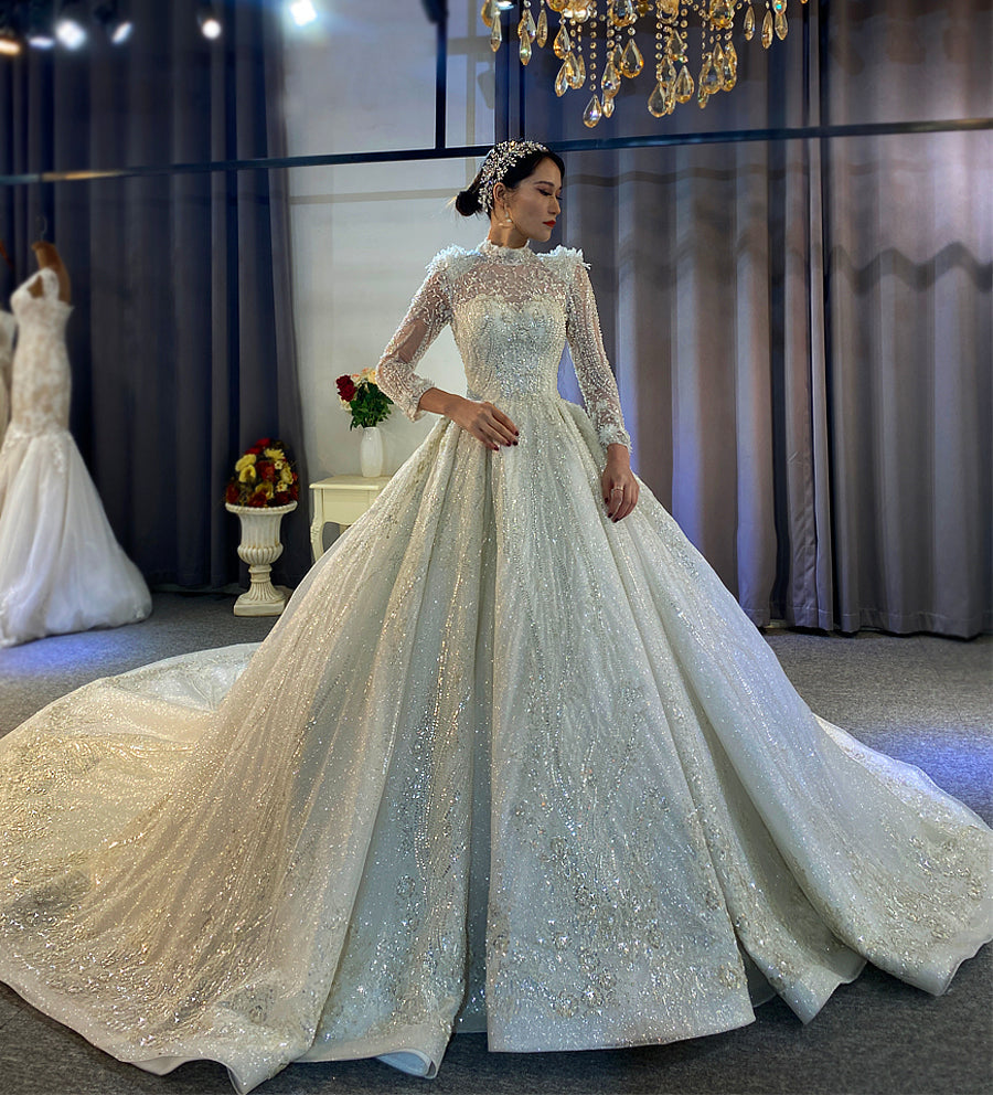 Bridal Luxury Shiny Lace beaded Long Sleeve Wedding Dress