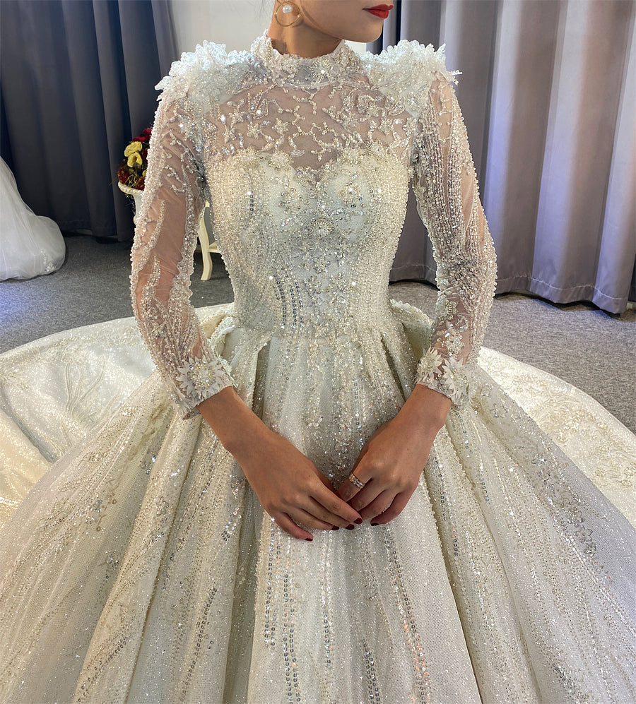 Bridal Luxury Shiny Lace beaded Long Sleeve Wedding Dress