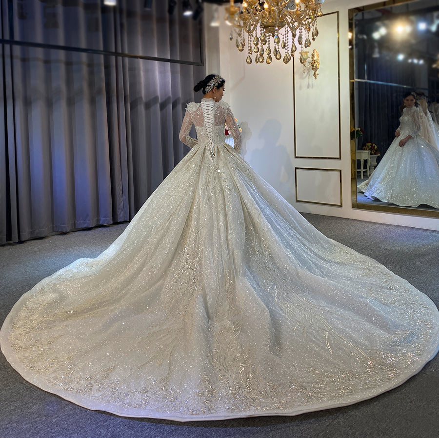 Bridal Luxury Shiny Lace beaded Long Sleeve Wedding Dress