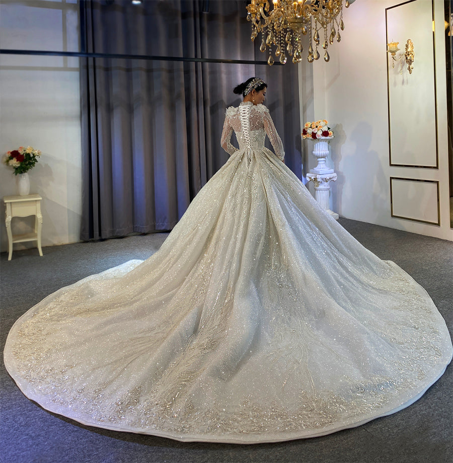 Bridal Luxury Shiny Lace beaded Long Sleeve Wedding Dress