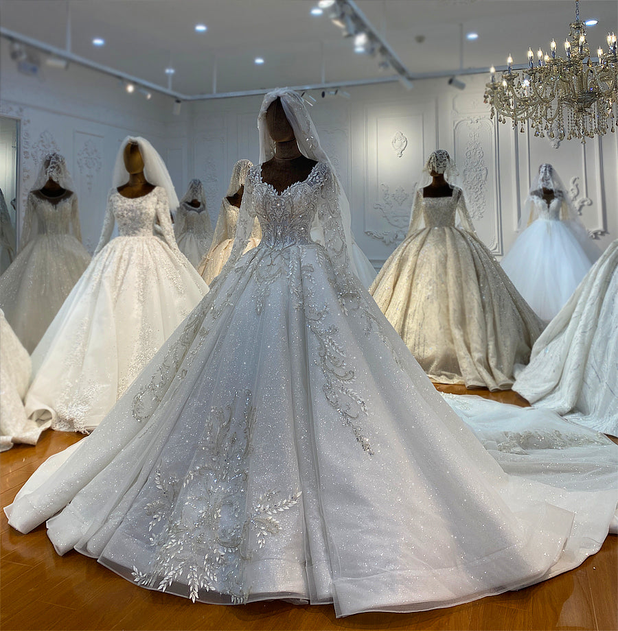 Bridal Luxury Lace beaded Long Sleeve dream Wedding Dress