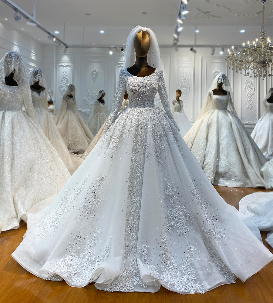 New Bridal Luxury Lace beaded Long Sleeve dream Wedding Dress