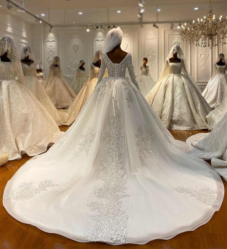 New Bridal Luxury Lace beaded Long Sleeve dream Wedding Dress