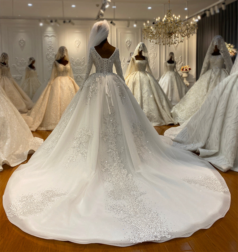 New Bridal Luxury Lace beaded Long Sleeve dream Wedding Dress