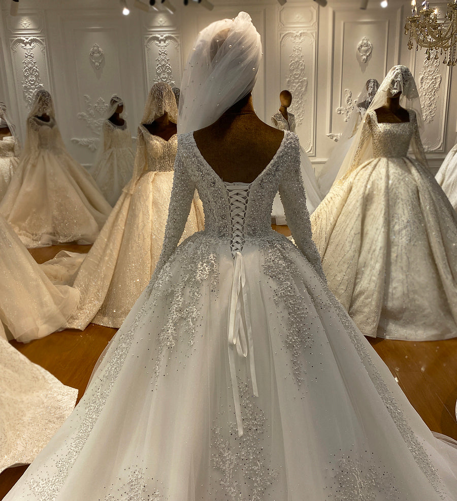 New Bridal Luxury Lace beaded Long Sleeve dream Wedding Dress