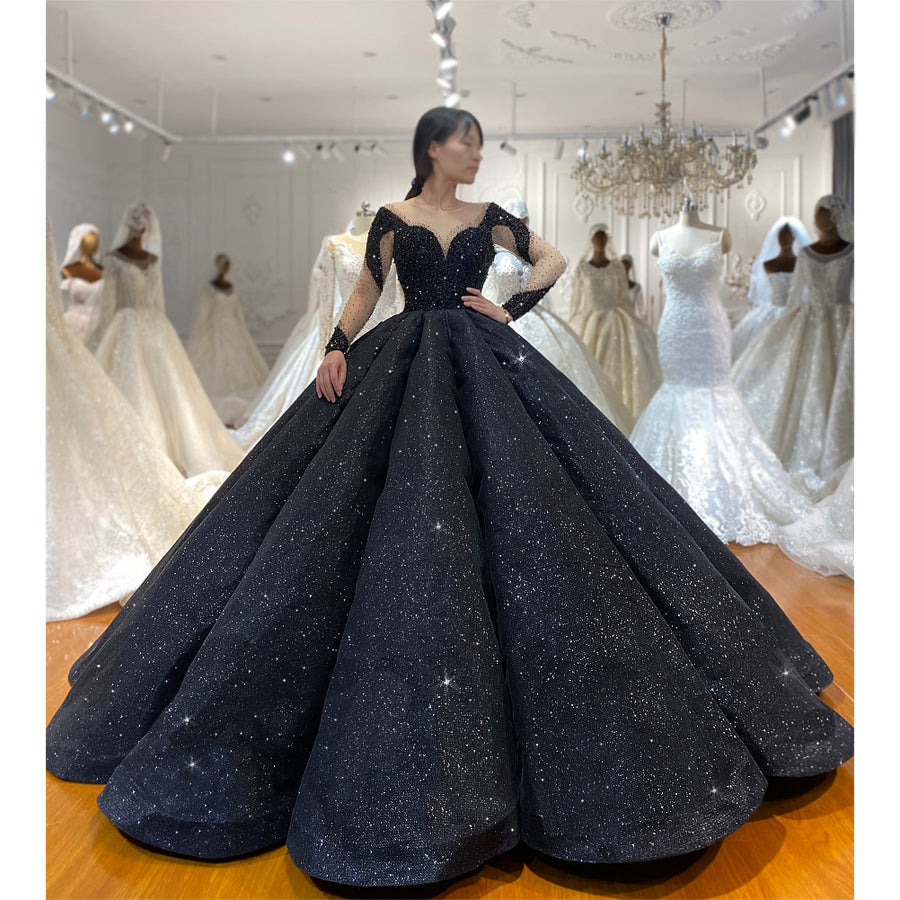 Black Bridal Luxury Lace beaded Long Sleeve dream Wedding Dress