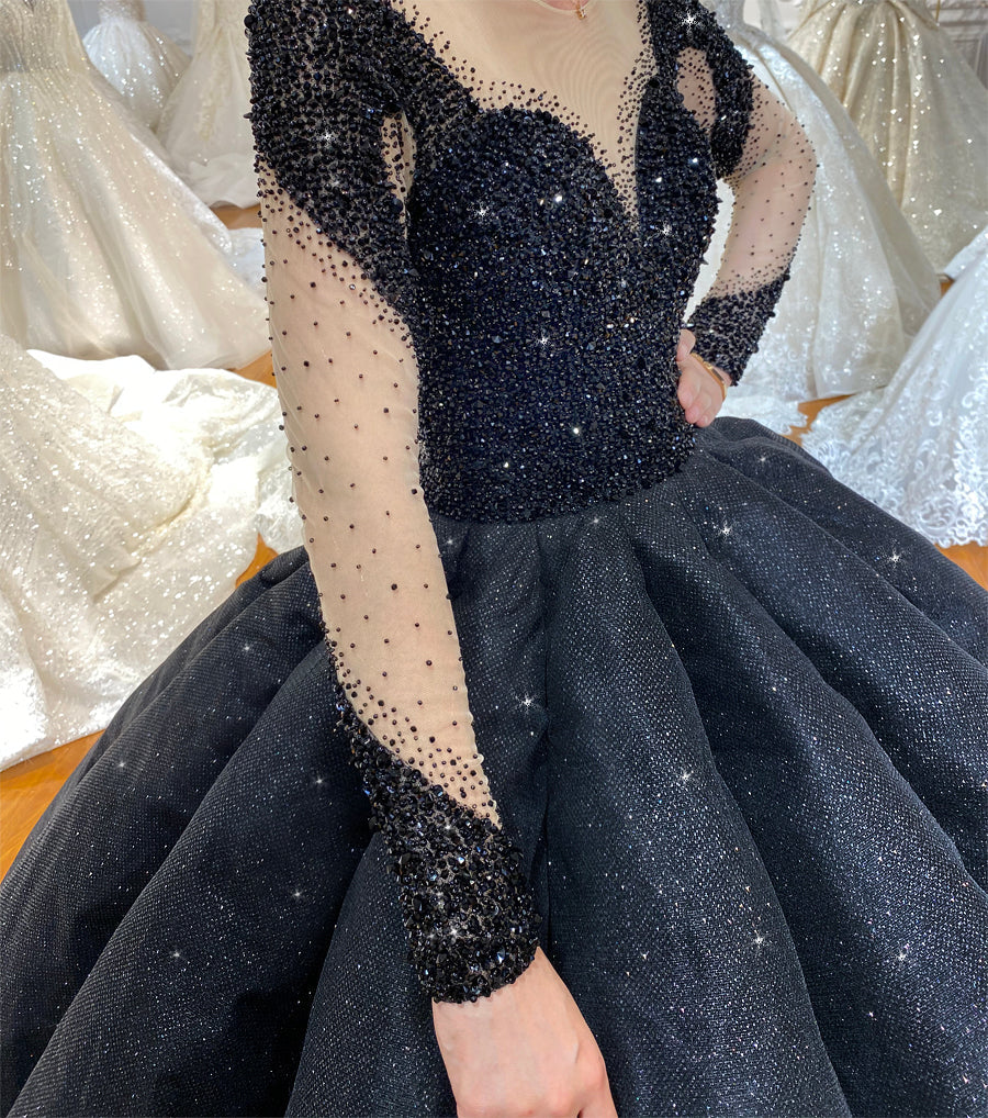 Black Bridal Luxury Lace beaded Long Sleeve dream Wedding Dress