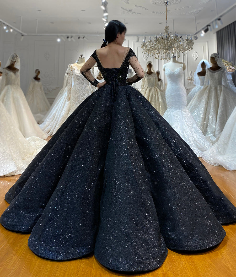 Black Bridal Luxury Lace beaded Long Sleeve dream Wedding Dress