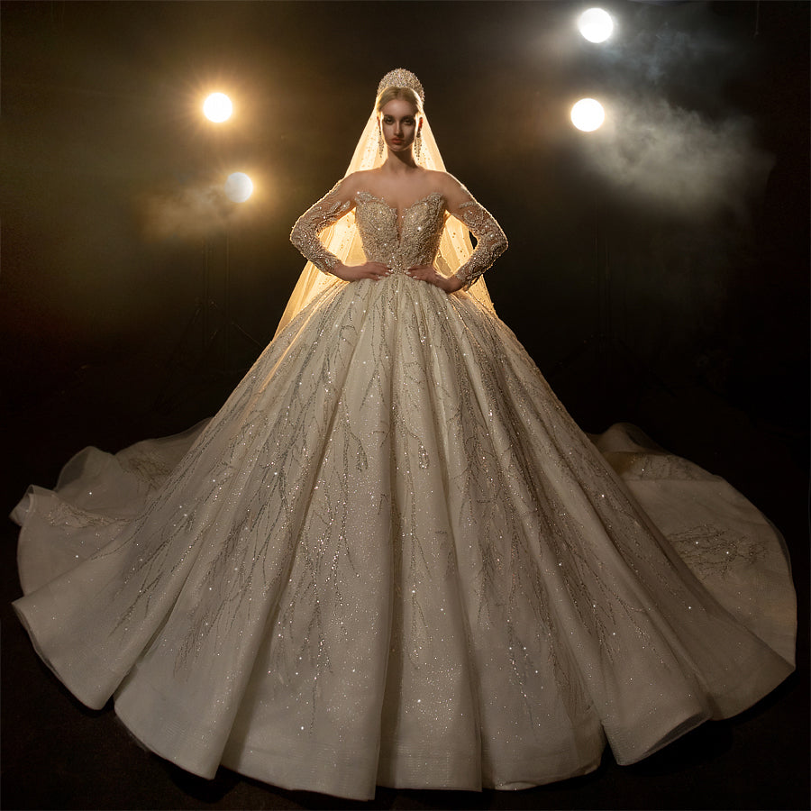 Luxury beaded full of crystals Lace Bridal Long Sleeve glamorous Wedding Dress