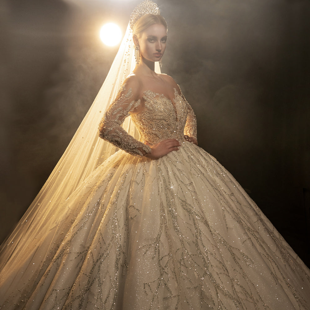 Luxury beaded full of crystals Lace Bridal Long Sleeve glamorous Wedding Dress