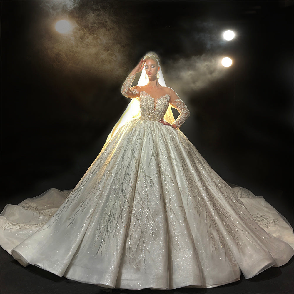 Luxury beaded full of crystals Lace Bridal Long Sleeve glamorous Wedding Dress