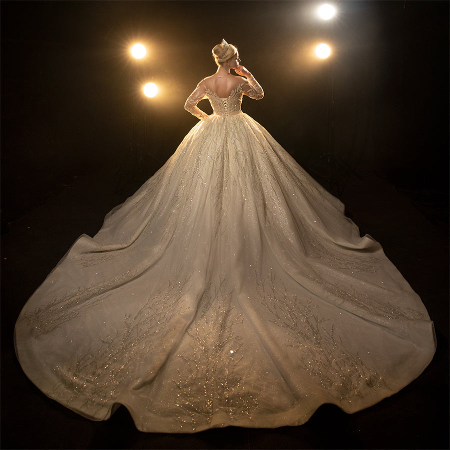 Luxury beaded full of crystals Lace Bridal Long Sleeve glamorous Wedding Dress