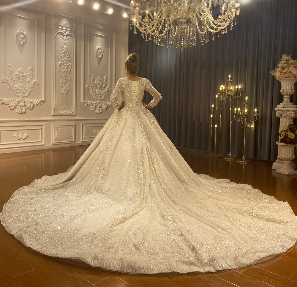 Luxury beaded Lace Bridal Long Sleeve Wedding Dress