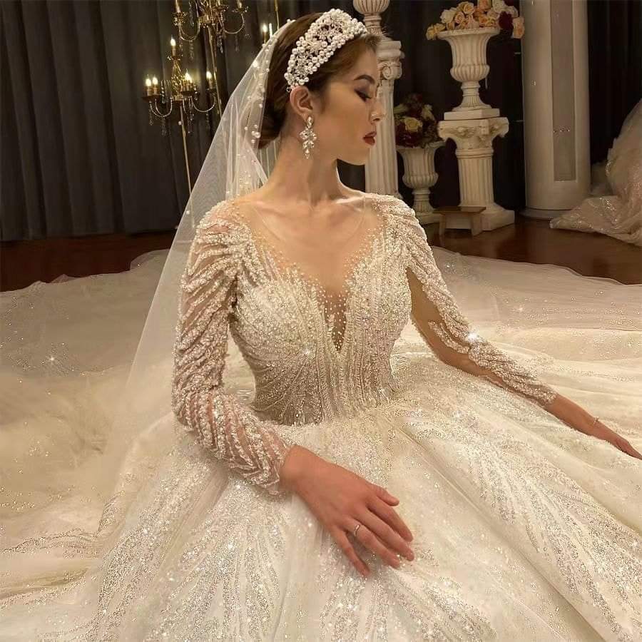 Long Sleeve Wedding Dress Beaded Bridal Dress