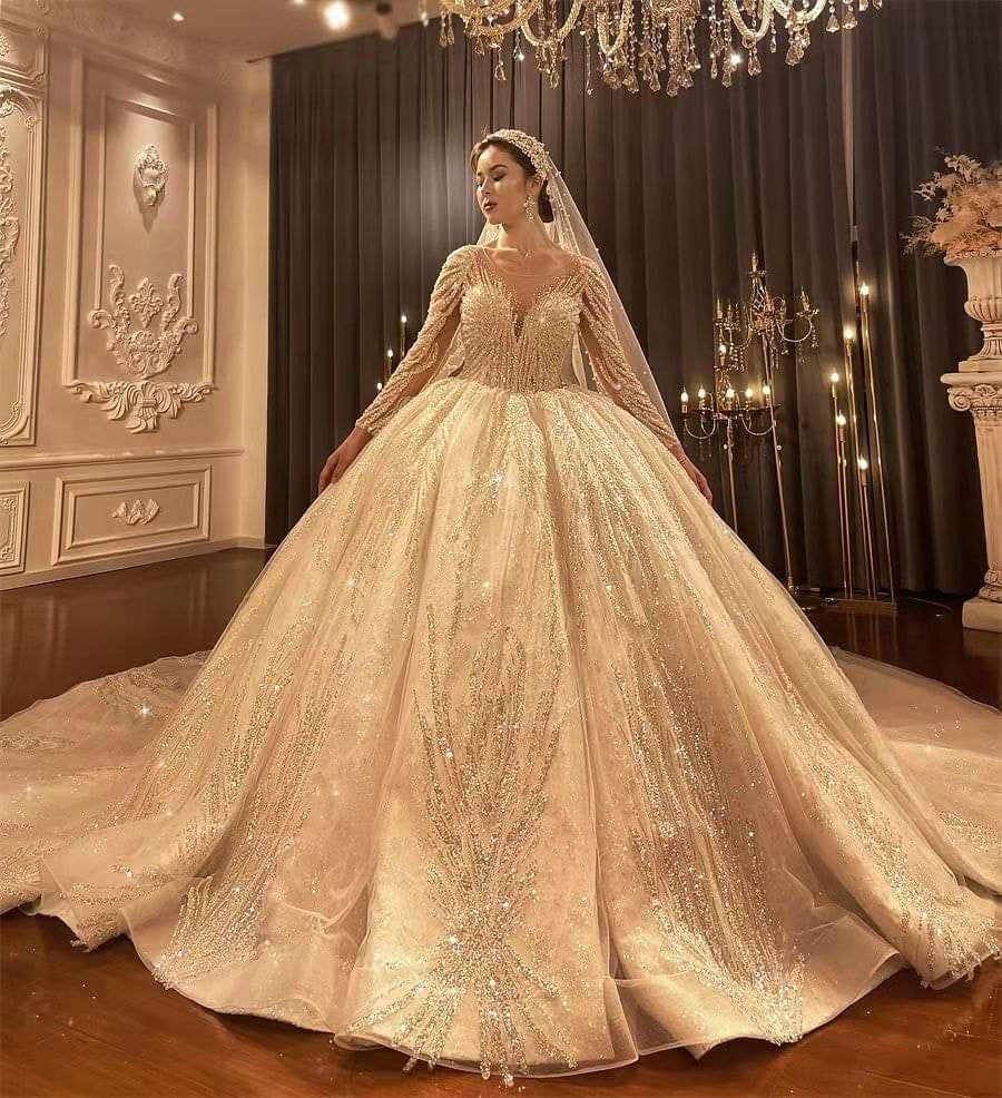 Long Sleeve Wedding Dress Beaded Bridal Dress