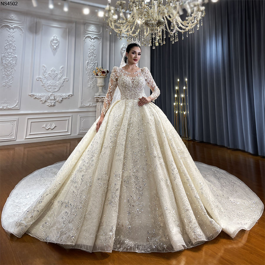 Luxury Princess Wedding Dress Long Sleeve Beaded Pearl Ball Gown Big T sultanti Luxury Princess Wedding Dress Long Sleeve Beaded Pearl Ball Gown Big T sultanti