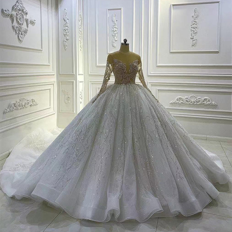 Custom Luxury Bridal Wedding Dress White Crystal Beads Sequins Dress   sultanti