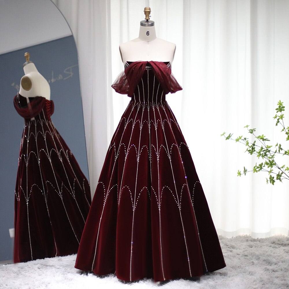 Burgundy Velvet Ball Gown Evening Dress Luxury Crystal Women Formal Pa sultanti Burgundy Velvet Ball Gown Evening Dress Luxury Crystal Women Formal Pa sultanti