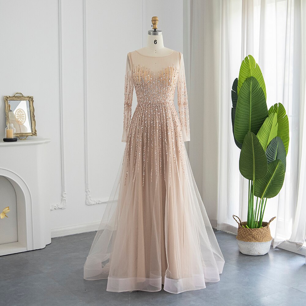 Blush Pink Long Sleeve Luxury Evening Dress for Wedding Party Beading sultanti Blush Pink Long Sleeve Luxury Evening Dress for Wedding Party Beading sultanti