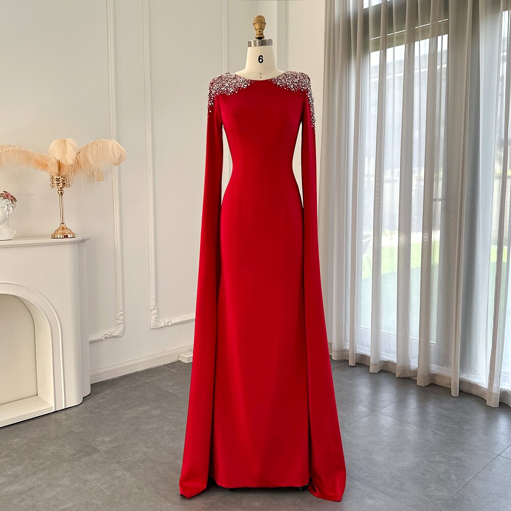 Elegant Mermaid Satin Evening Dress for Wedding Party Cape Sleeves Lon sultanti Elegant Mermaid Satin Evening Dress for Wedding Party Cape Sleeves Lon sultanti