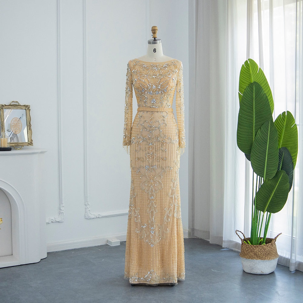 Luxury Beading Tassel Evening Dresses Women Long Sleeve Prom Formal Go –  sultanti