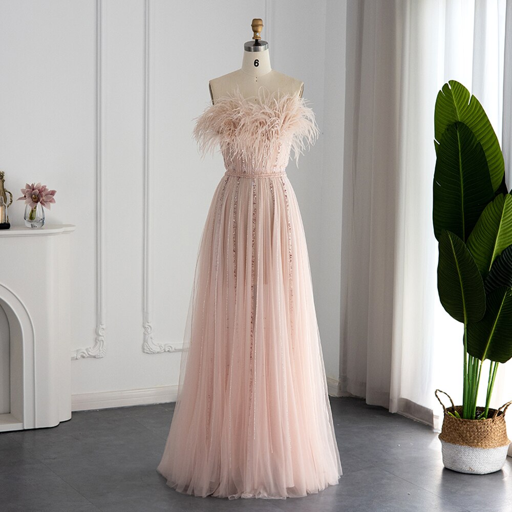 Luxury Blush Pink Feathers Evening Dress Wedding Party Long Elegant Fo sultanti Luxury Blush Pink Feathers Evening Dress Wedding Party Long Elegant Fo sultanti